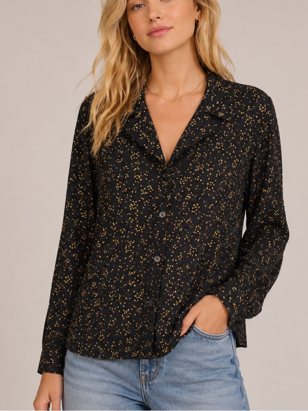 GANNI Women's Black Floral Long Sleeve Button Down Shirt Size 38 - 8157
